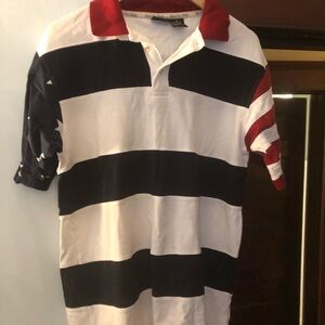 Vintage 80’s Men's Red, White & Navy Striped Polo Shirt